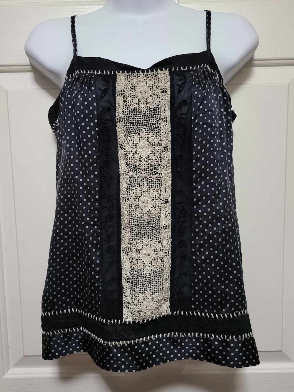 BCBGMaxAzria Black Polka Dot Camisole with Cream Lace Panel
